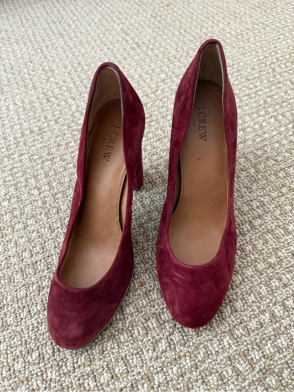 J. Crew Burgundy Suede Round-Toe Block Heel Pumps